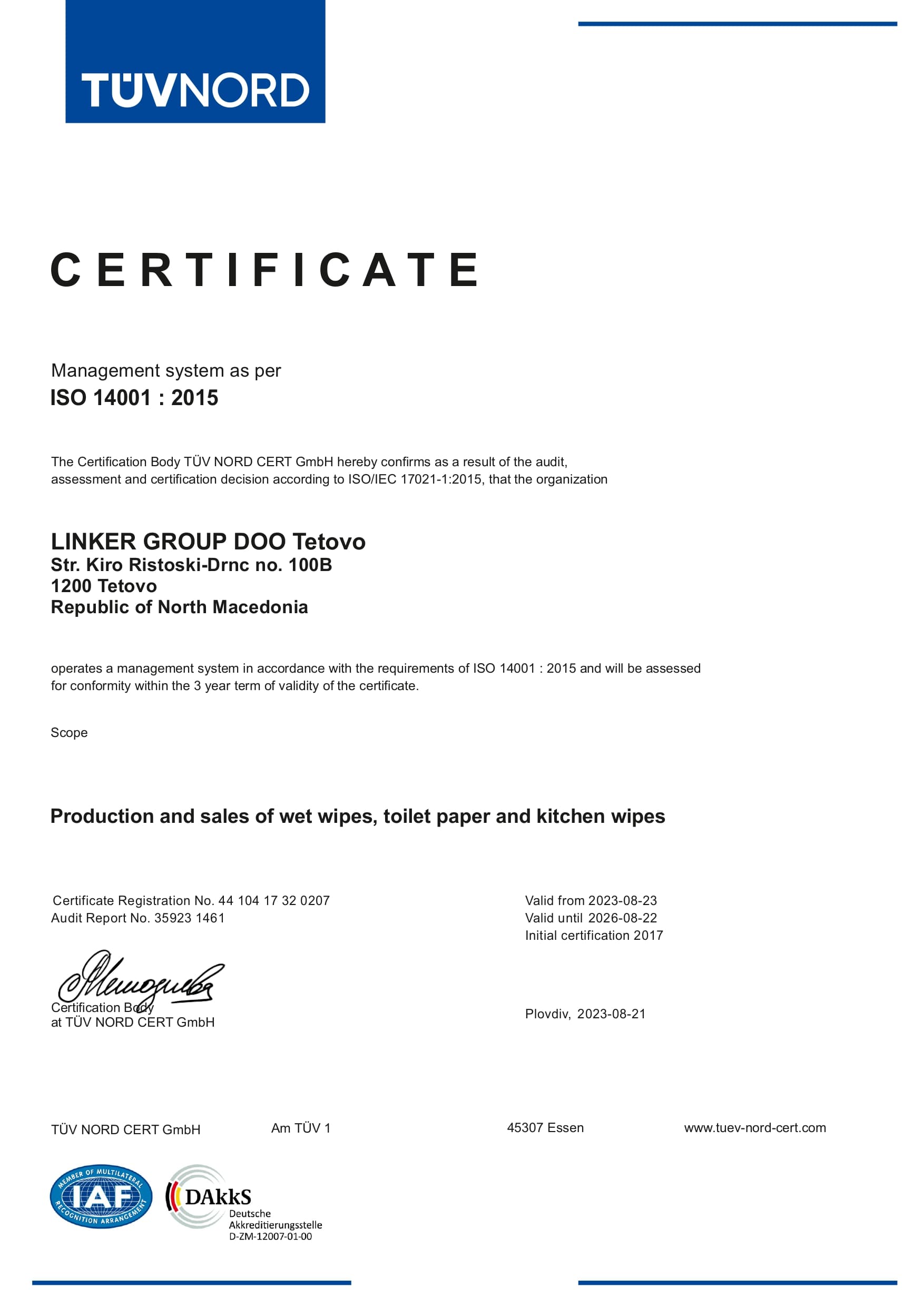 TÜV ISO 14001 certificate